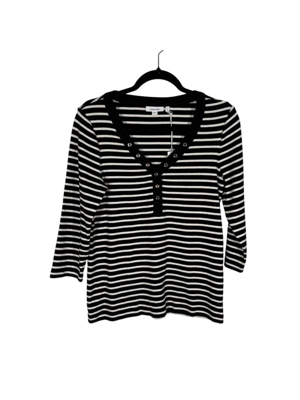 Chicos Sz 1 US M Black White 3/4 Sleeve Zenergy Ribbed Striped Henley Tee NWT - Picture 2 of 12